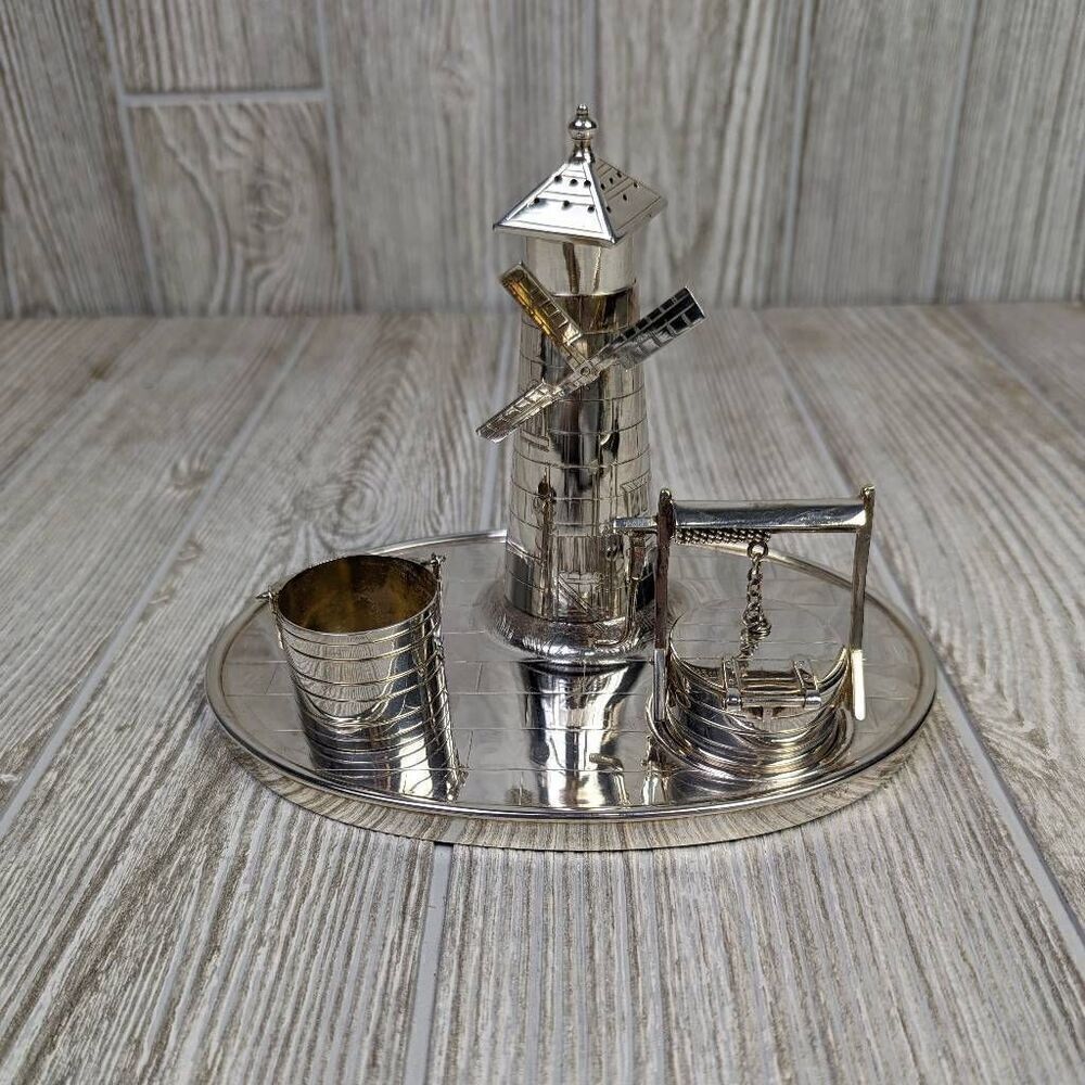 Victorian Silver Plated Novelty Cruet Set with Engraved Windmill Style Pepper Po